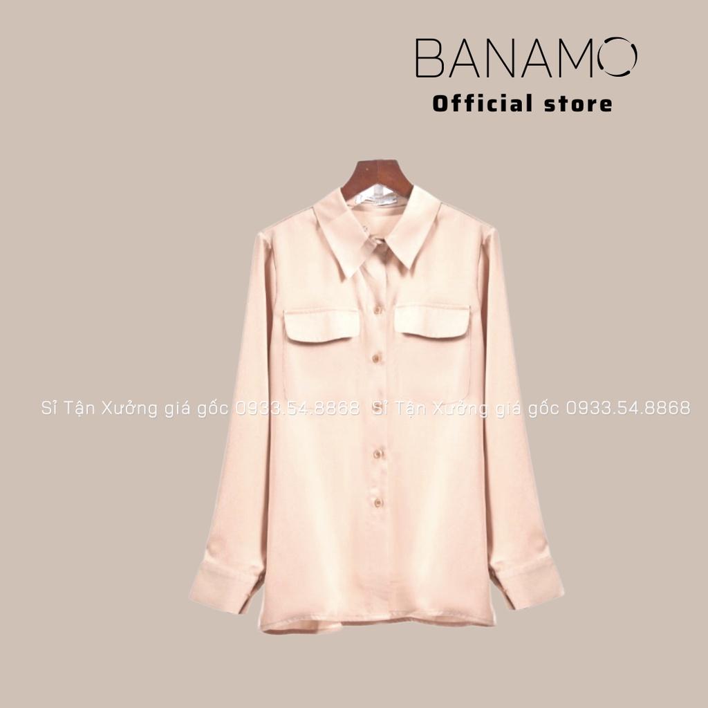 Áo sơ mi công sở chất lụa ngọc phối 2 túi trước thanh lịch, áo sơ mi dài tay cổ đức thời trang Banamo fashion 376