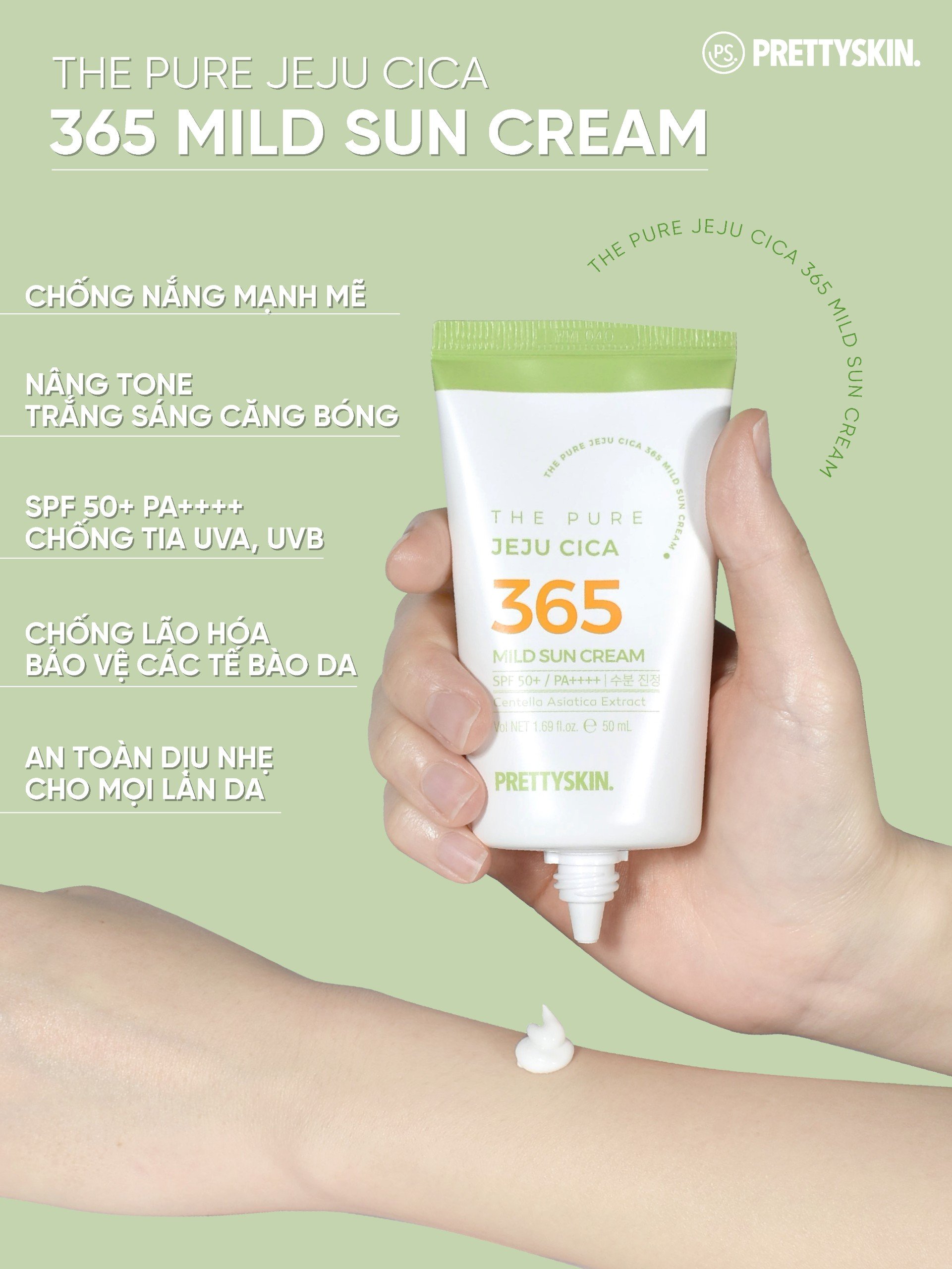 Kem chống nắng nâng tông, kháng nước 365 Pretty Skin The Pure Jeju Cica 365 Mild Sun Cream