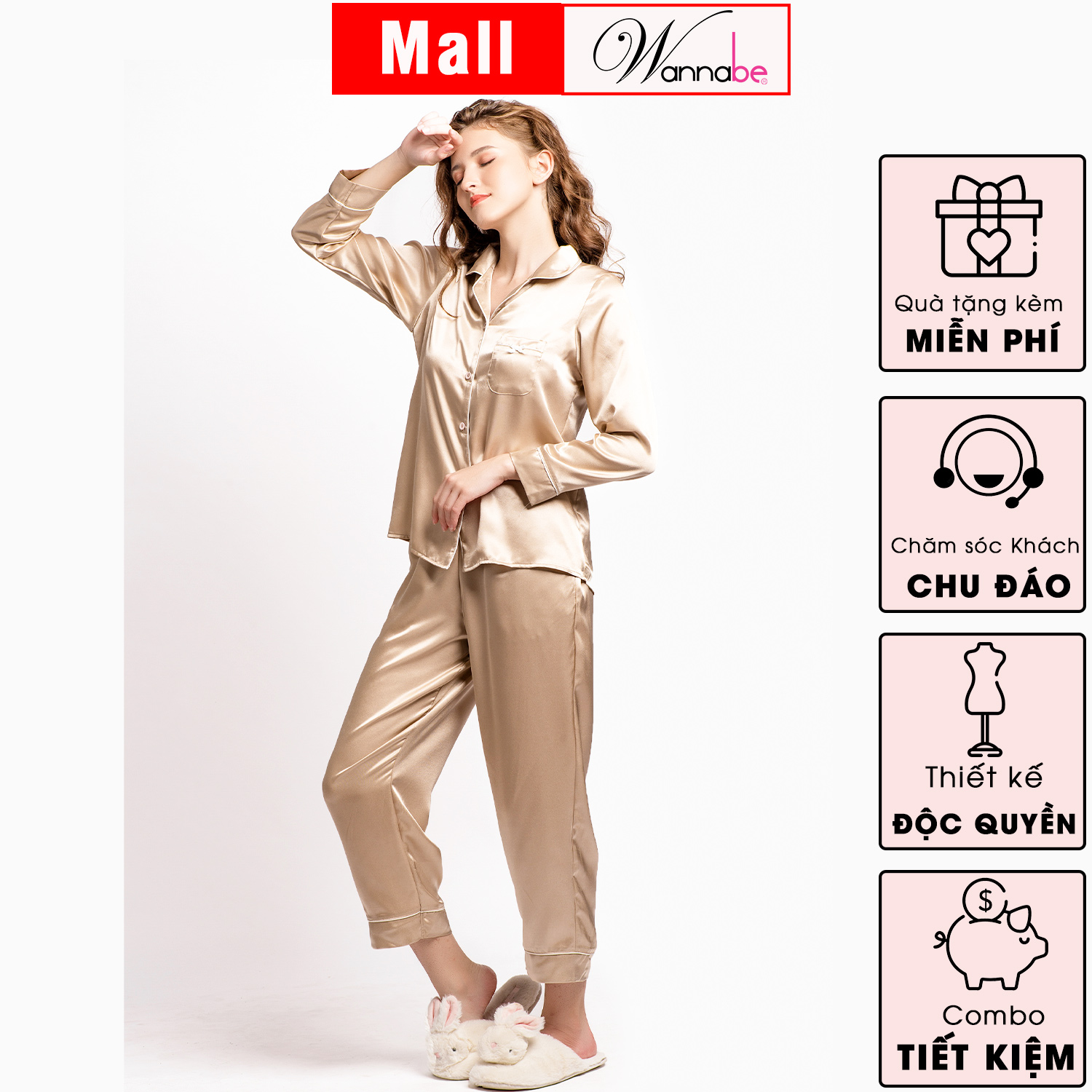 Đồ bộ mặc nhà nữ WANNABE BD35P đồ bộ quần dài áo tay ngắn pijama cổ điển viền gân sang chảnh sống mãi với thời gian