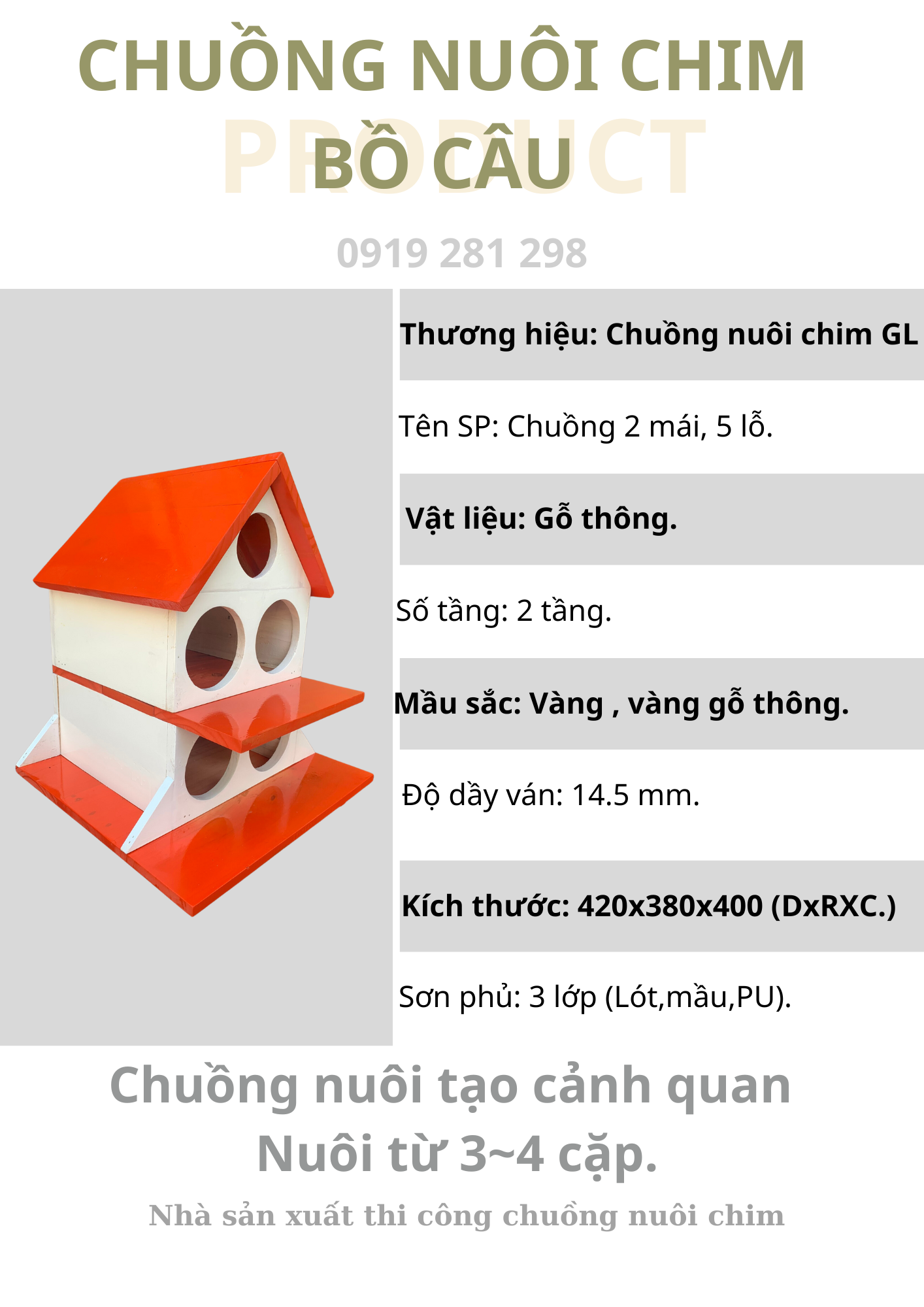 Chuồng nuôi chim bồ câu bằng gỗ 5 lỗ có thể nuôi 2 đôi chim