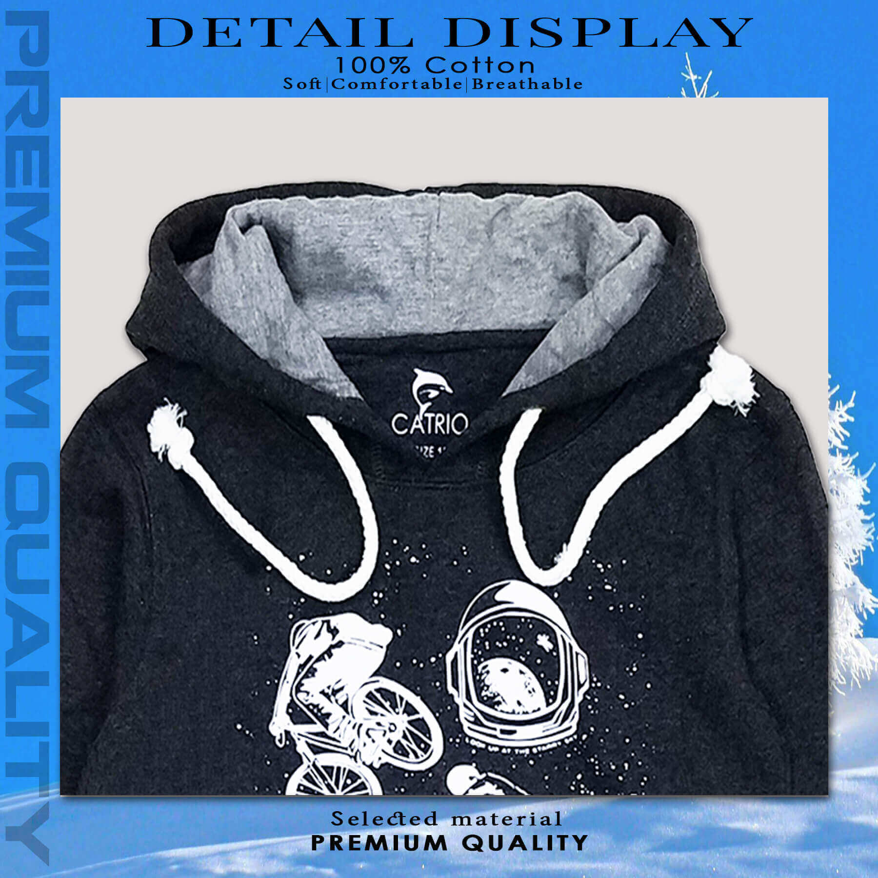 ÁO HOODIES TRẺ EM CATRIO in XE ĐẠP BAY là áo thun dài tay có mũ có túi thời trang, vải 100% cotton dày, ấm mùa thu đông phù hợp với trẻ em bé trai, bé gái 9 tuổi 32kg-16 tuổi 60kg kết hợp quần dài cotton CATRIO thành bộ đồ đẹp MÀU XÁM CHUỘT