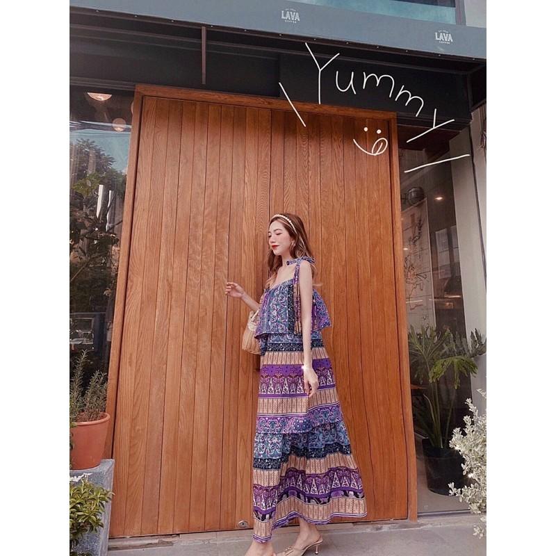 Đầm maxi thổ cẩm bèo cổ