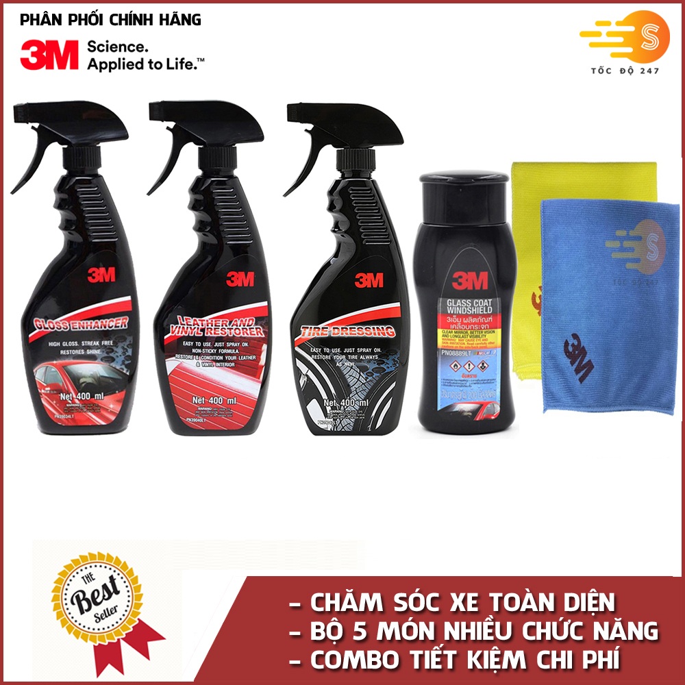 Bộ 5 sản phẩm 3M chai xịt bảo dưỡng nội thất 39040LT, bảo dưỡng lốp 39042LT, tăng độ bóng sơn 39034LT, chống bám nước kính xe 08889LT và khăn lau chuyên dụng SQ21 (màu ngẫu nhiên)