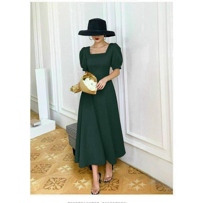 Đầm Maxi Xanh Cổ Vuông Tay Phồng