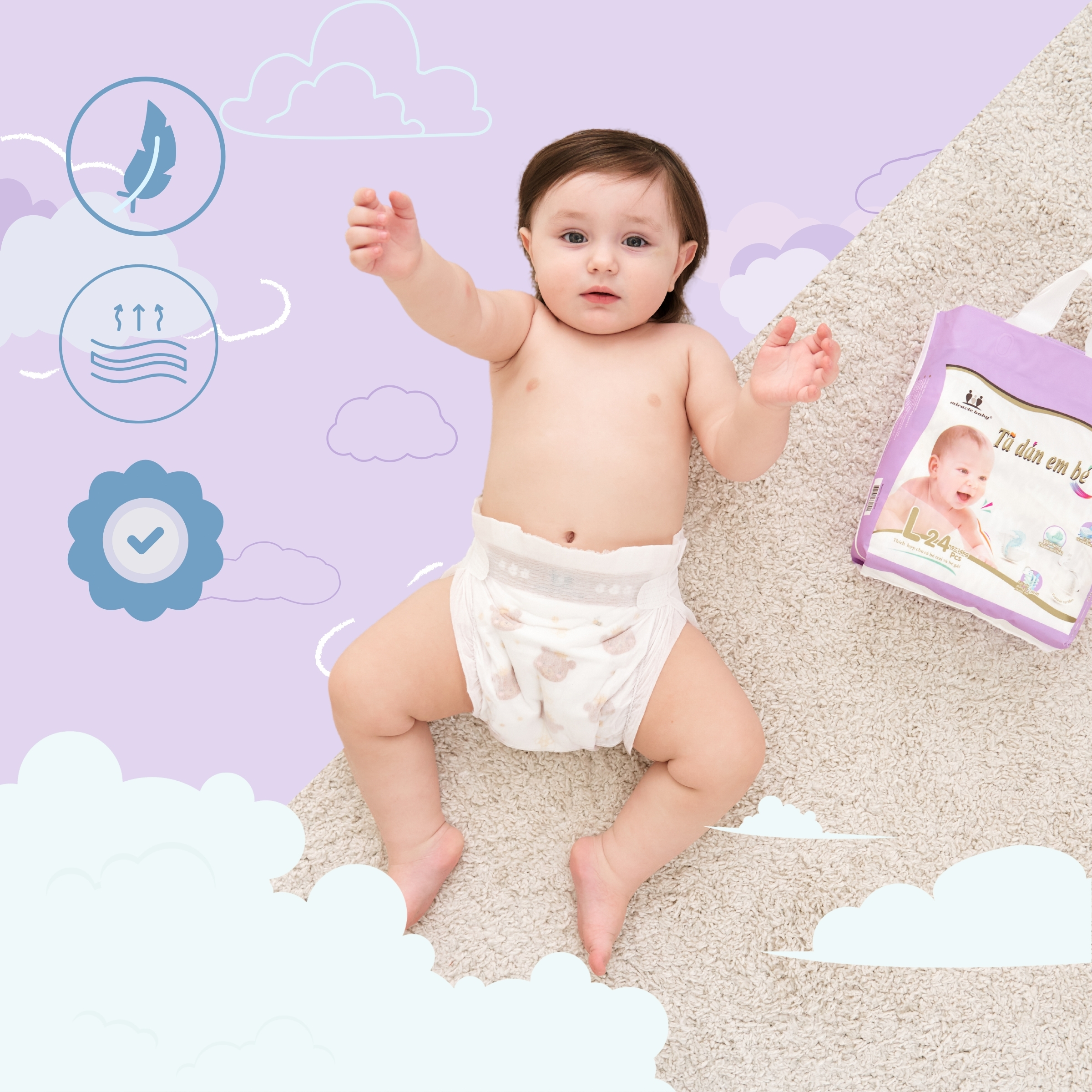MiracleBaby - Tã dán tơ tằm size S/M/L/XL/XXL cho bé từ 4 - 17kg