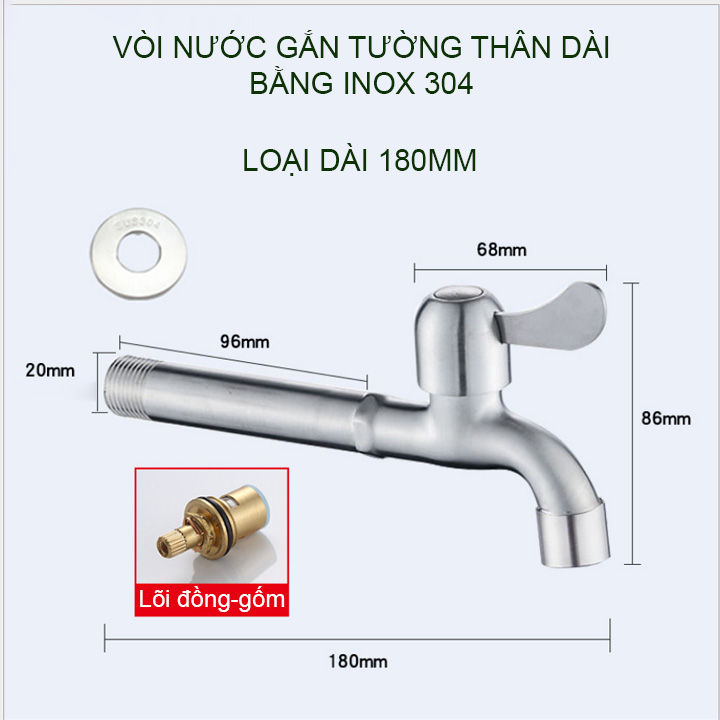 Vòi nước lạnh gắn tường bằng inox 304 thân dài 135mm-180mm tùy chọn