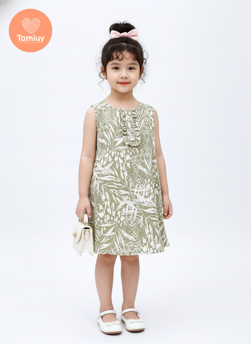 TAMIUY – Đầm Linen Thiết Kế Bé Gái Họa Tiết Hoa Phối Bèo Trụ Đính Nút Hoa Cao Cấp