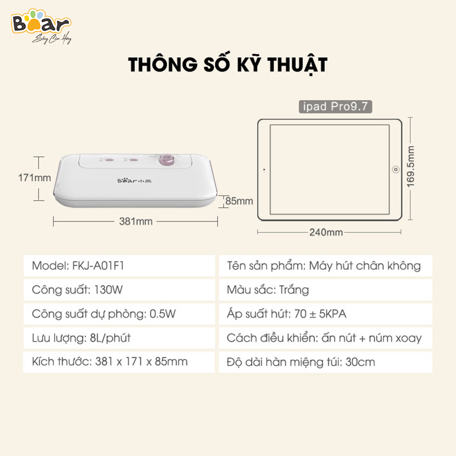 [Hàng Chính Hãng]Máy hút chân không thực phẩm Bear VS-B01V1 màu trắng công suất 130W. Lực hút mạnh, áp suất 70KPA, hút được 8L/phút. Từ đó, thực phẩm sẽ được bảo quản lên đến 2 tuần trong ngăn mát - 2 tháng trong ngăn đông đá