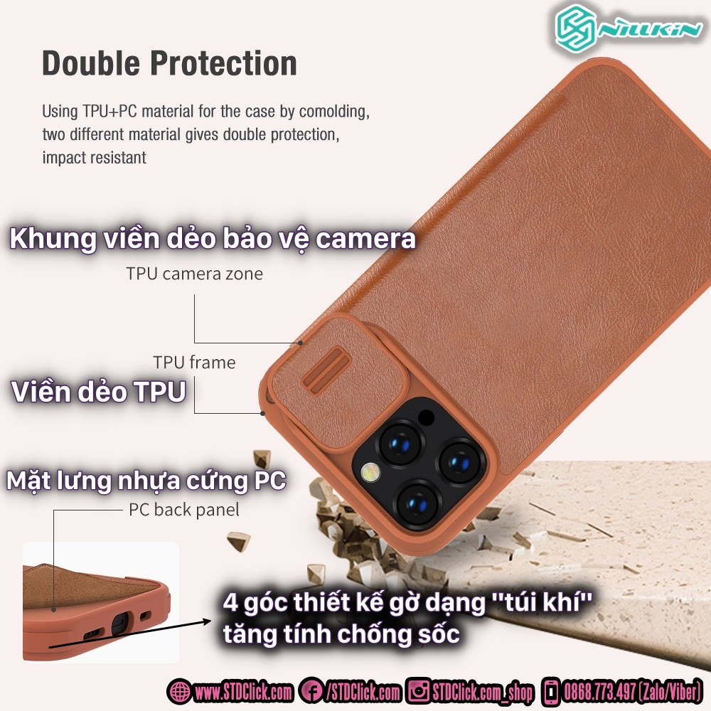 BAO DA DÀNH CHO ĐIỆN THOẠI IPHONE 14 PRO MAX NILLKIN QIN BẢO VỆ CAMERA