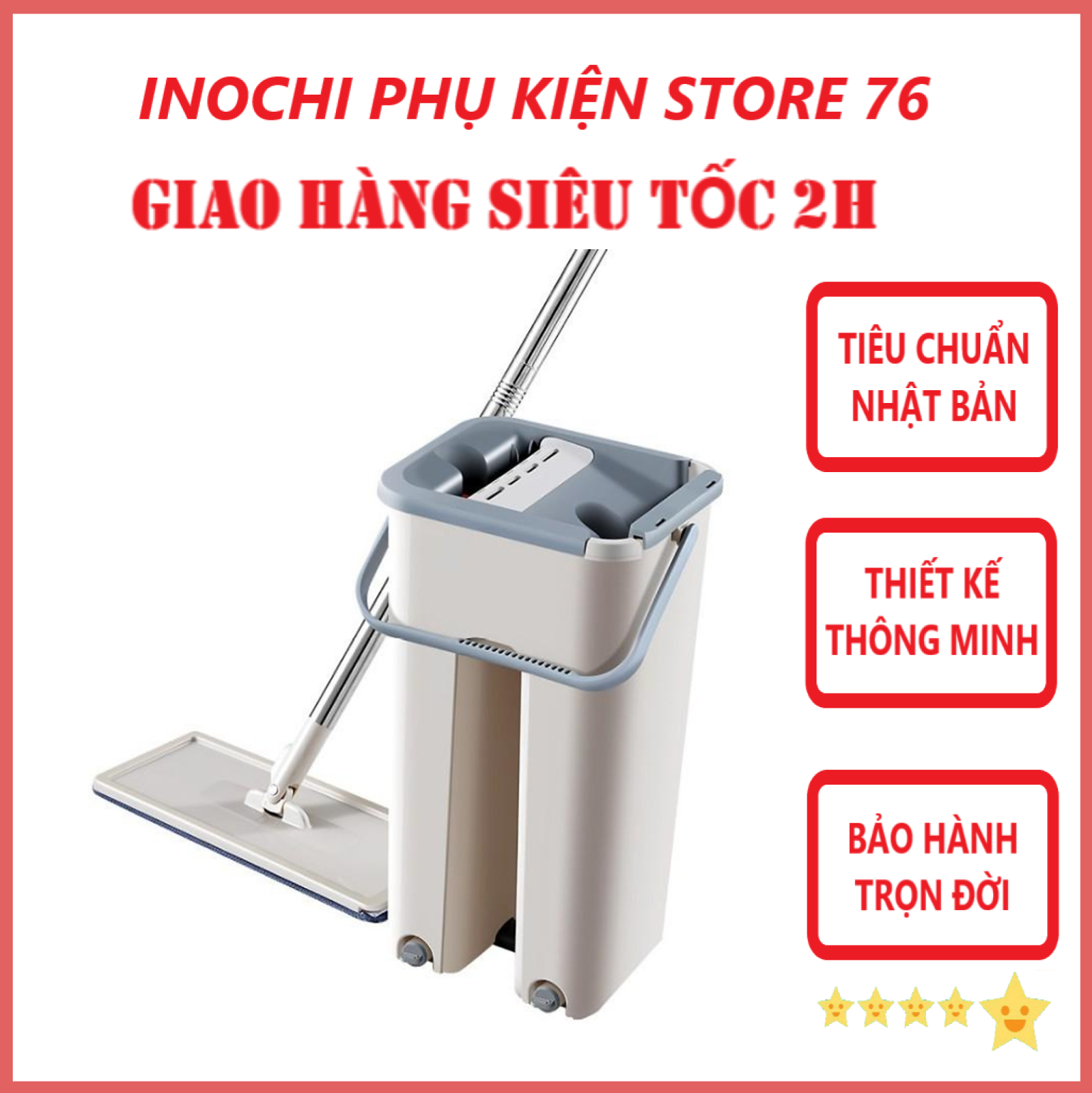 Bộ Cây Lau Nhà Thông Minh Kèm Thùng Vắt 2 Ngăn Size Trung BH-M900 Chuẩn Nhật Bản - Chính hãng inochi ( Tặng kèm1 giẻ lau và khăn lau tay pakasa)