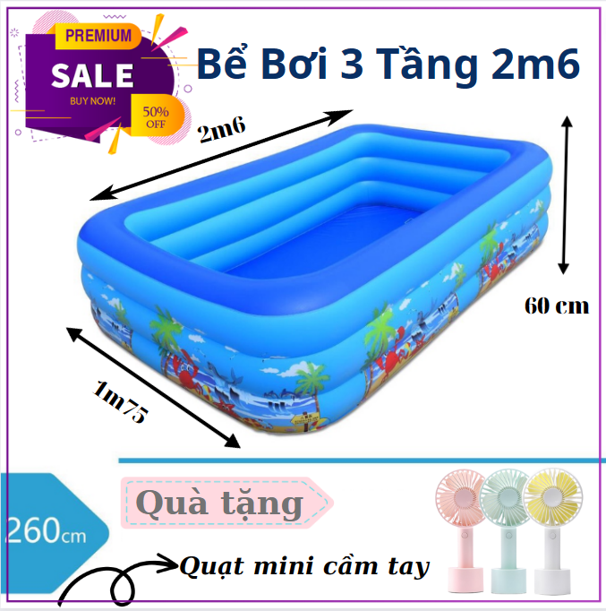 Bể bơi 3 tầng 2m6 có họa tiết, Bể bơi gia đình, bể bơi cho bé - Tặng kèm Quạt mini cầm tay - Giao hình ngẫu nhiên