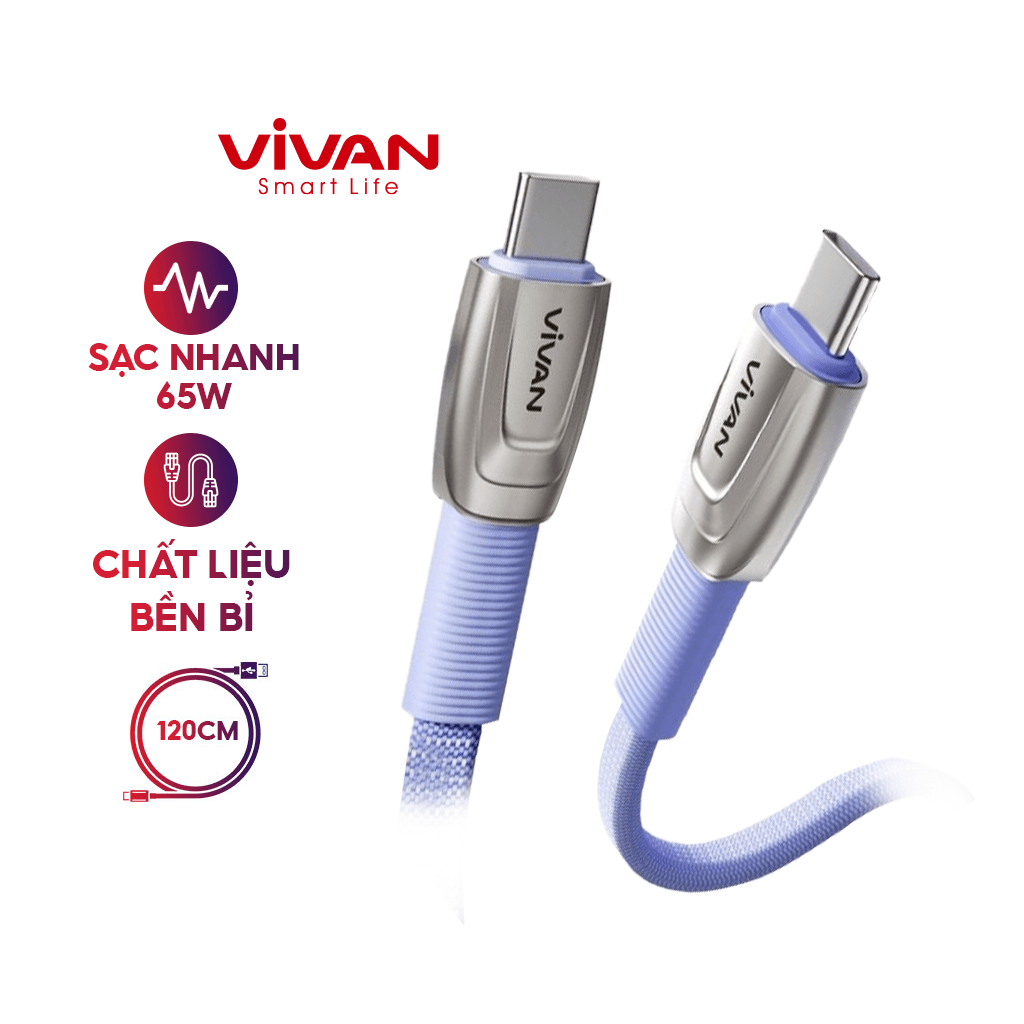 Cáp Sạc Nhanh VIVAN BTK-CC 2 Đầu Sạc Type-C to Type-C Công Suất 65W Dây Dài 120cm Sạc Được LapTop - Hàng chính hãng