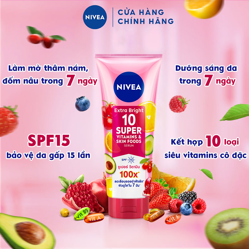 Serum Dưỡng Thể Sáng Da &amp; Làm Mờ Vết Thâm Hiệu Quả Trong 7 Ngày Nivea 10 Super Vitamins &amp; Skin Food 180ml (93765)