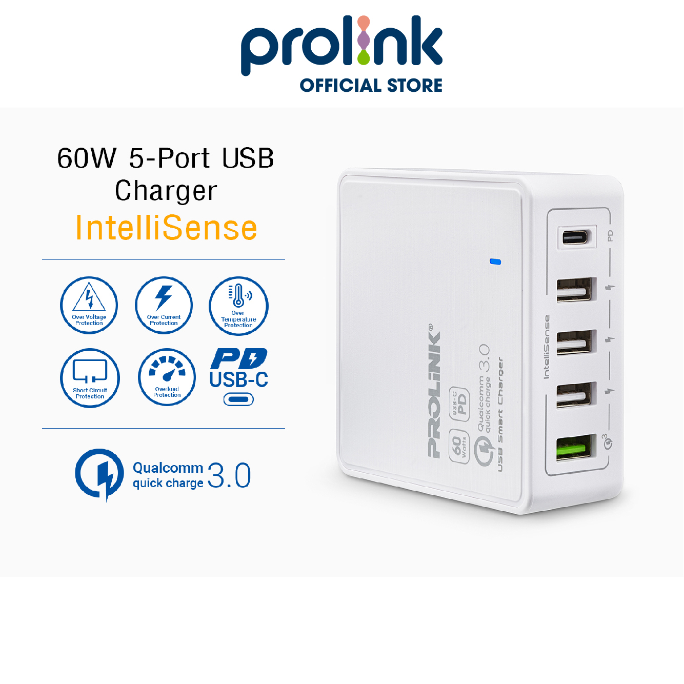 Củ sạc nhanh 60W PROLiNK PDC56001 có 5 cổng dành cho Macbook, iPhone, iPad, Samsung, Xiaomi - Hàng chính hãng