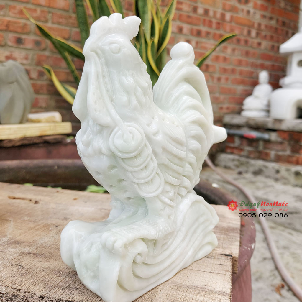Tượng đá gà 12 con giáp phong thủy đá trắng xanh 21cm đá Non Nước