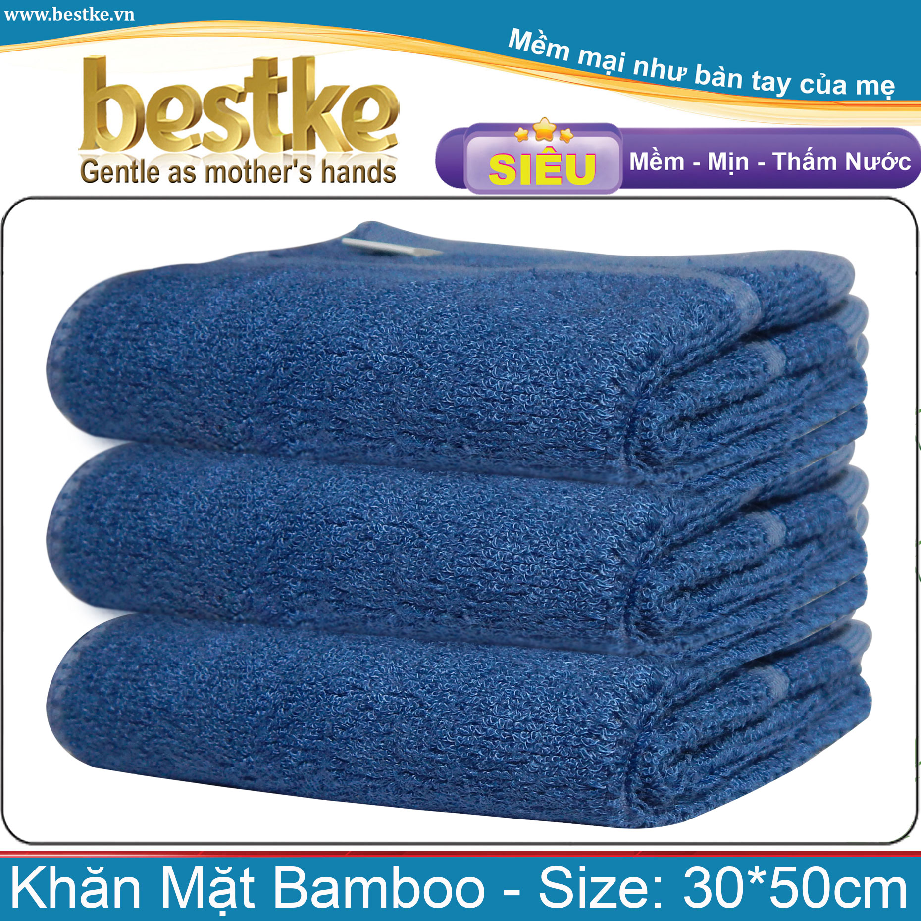 Combo 3 Khăn Mặt sợi tre bestke siêu mềm mịn, thấm hút và không phai màu, size 30*50cm, TL 70g/cái, Bamboo Towels