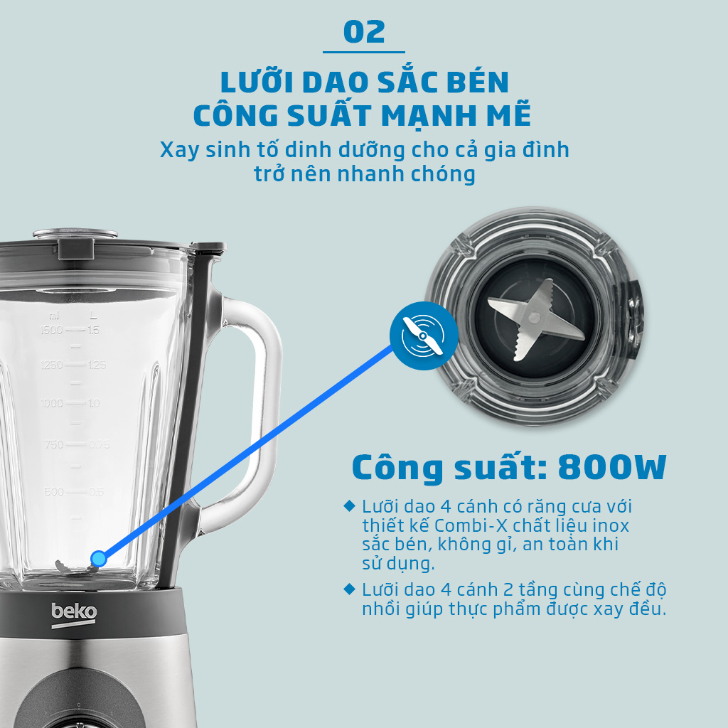 Máy Xay Sinh Tố BEKO Đế Chống Trượt, Xay Được Đá TBN30848X - Hàng Chính Hãng