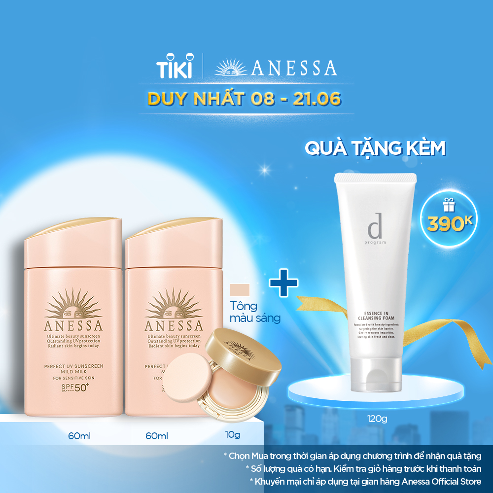 Bộ 2 Kem chống nắng Anessa dịu nhẹ tuyệt đối 60ml và Kem chống nắng trang điểm Anessa dạng nén tông màu sáng 10g