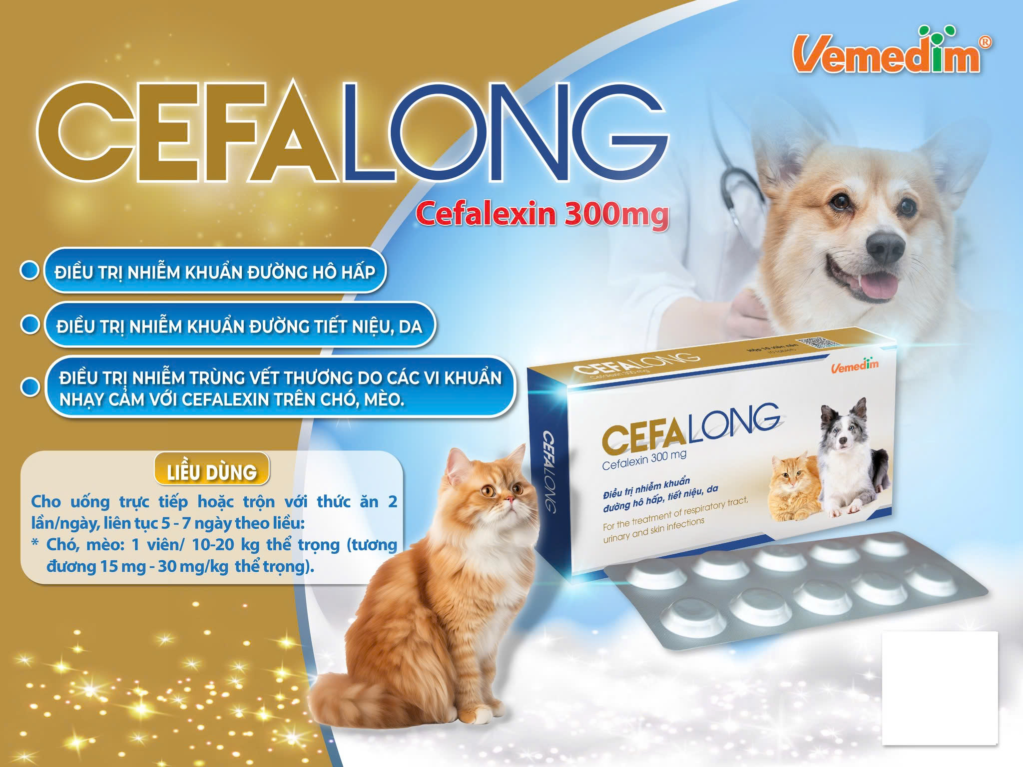Vemedim Cefalong Viên Uống về Da, Hô Hấp, Tiết Niệu cho Chó Mèo - Hộp 10 viên
