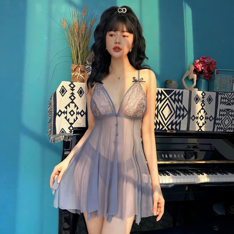 P24 Váy ngủ hai dây xuyên thấu chéo lưng sexy  - Đầm ngủ chéo lưng gợi cảm - Đồ ngủ sexy quyến rũ