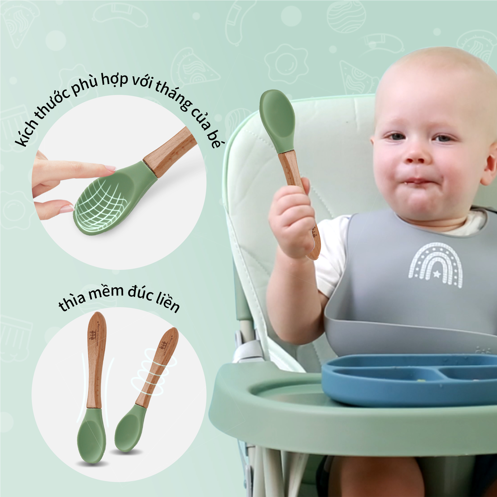 Chén ăn dặm silicone Miraclebaby và muỗng phù hợp dành bé trai, bé gái trên 5 tháng tuổi