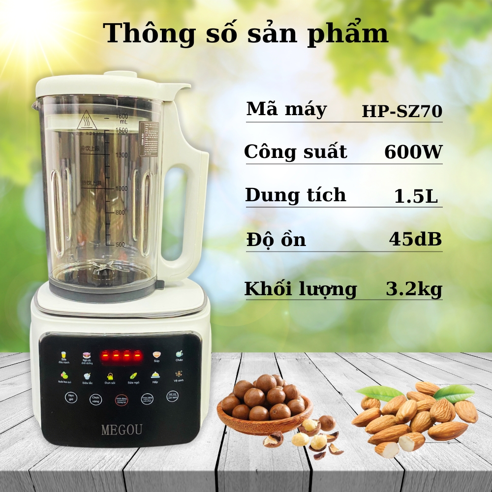 Máy làm sữa hạt MEGOU Xay nấu đa năng Nấu sữa đậu nành, có nắp chống ồn HP-SZ70 - Bản nâng cấp LM-358H - Hàng nhập khẩu