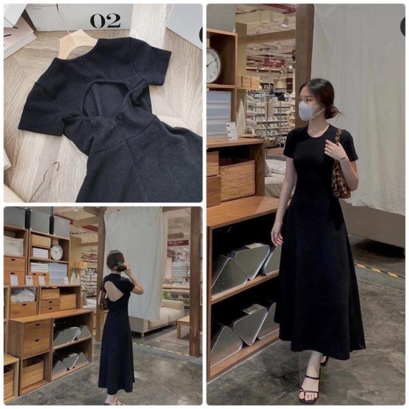 Đầm maxi cổ tròn tay ngắn hở lưng dáng xoè , váy nữ dáng dài xuất xịn