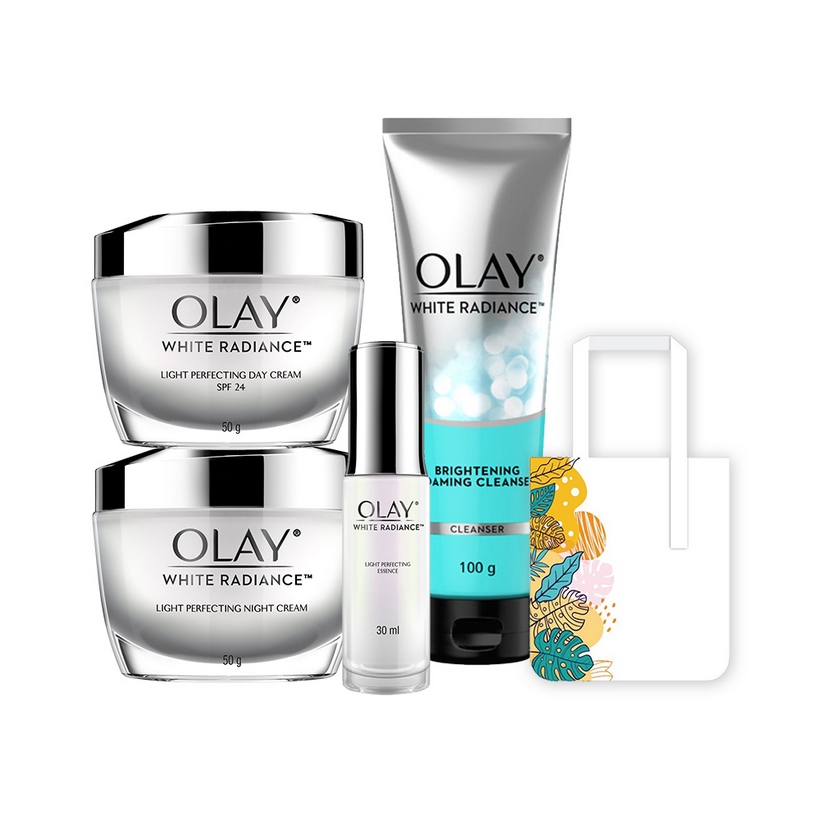 Bộ Sản Phẩm Olay White Radiance Dưỡng Trắng và Cấp Ẩm (Kem dưỡng trắng da ban ngày, Kem dưỡng trắng da ban đêm, Tinh chất dưỡng trắng da, Sữa rửa mặt) [Tặng Túi Tote Thiết Kế Mới]