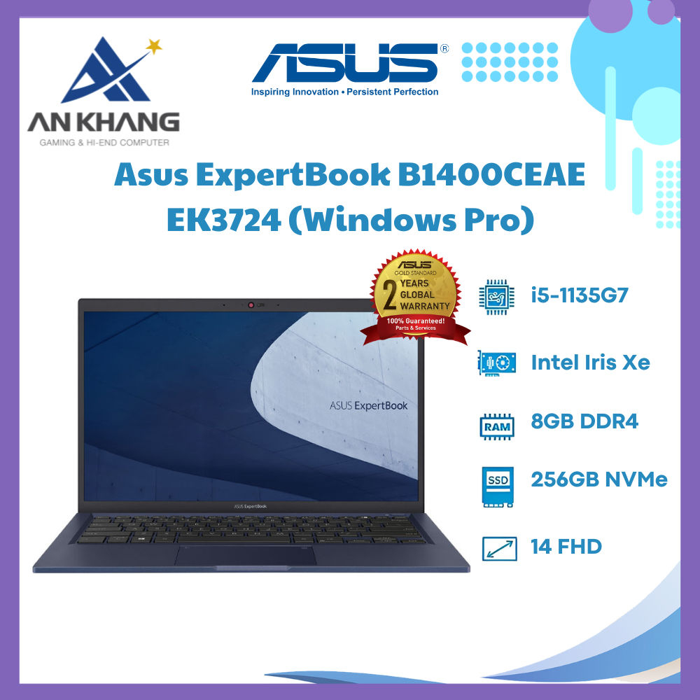 Laptop Asus Expertbook B1400CEAE-EK3724 i5-1135G7/8GB/256GBSSD/14.0&quot;FHD/FP/Mouse/Win11Pro/XANH ĐEN - Hàng Chính Hãng