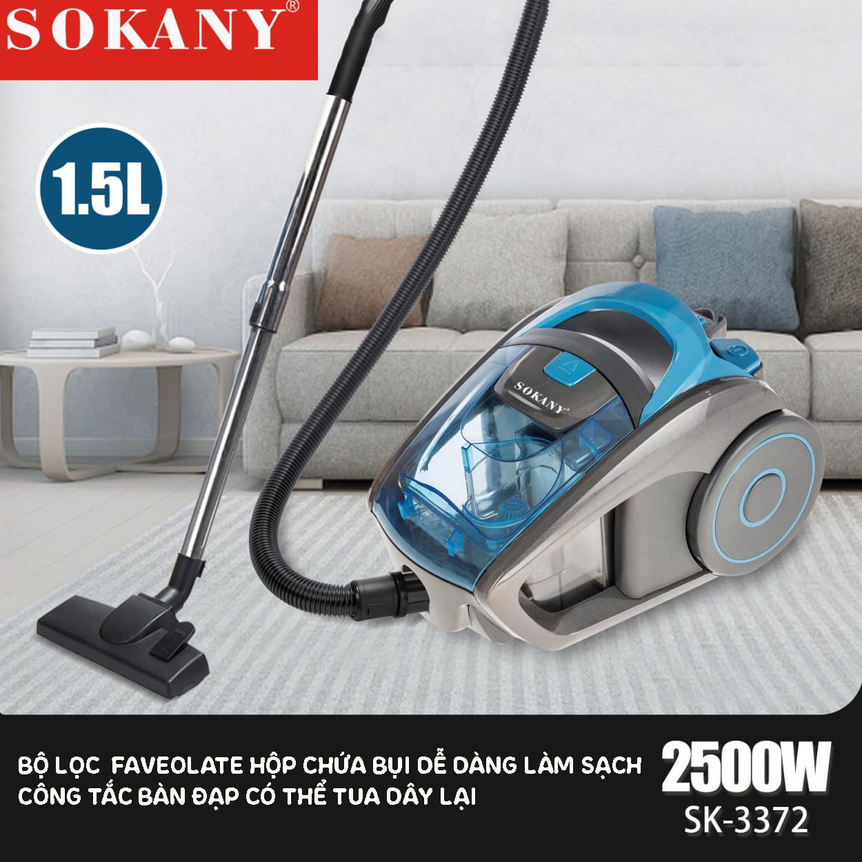 Máy hút bụi cầm tay gia đình SOKANY SK3372 công suất 2500W, dung tích 1,5L, hút mọi loại bụi trong nhà - HÀNG CHÍNH HÃNG - DELIYA