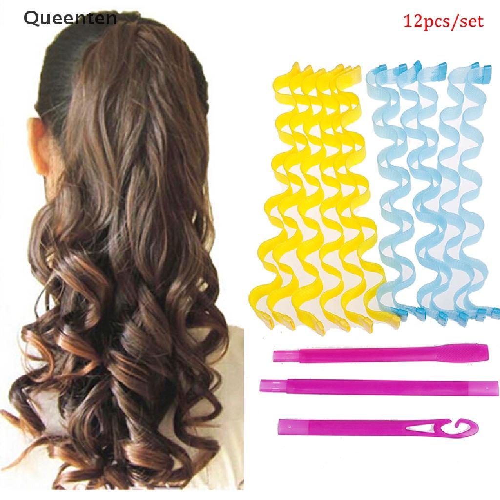 Queenten 12Pcs Portable Magic Long Hair Curlers Curl Maker Rollers Spiral Leverage Former QT