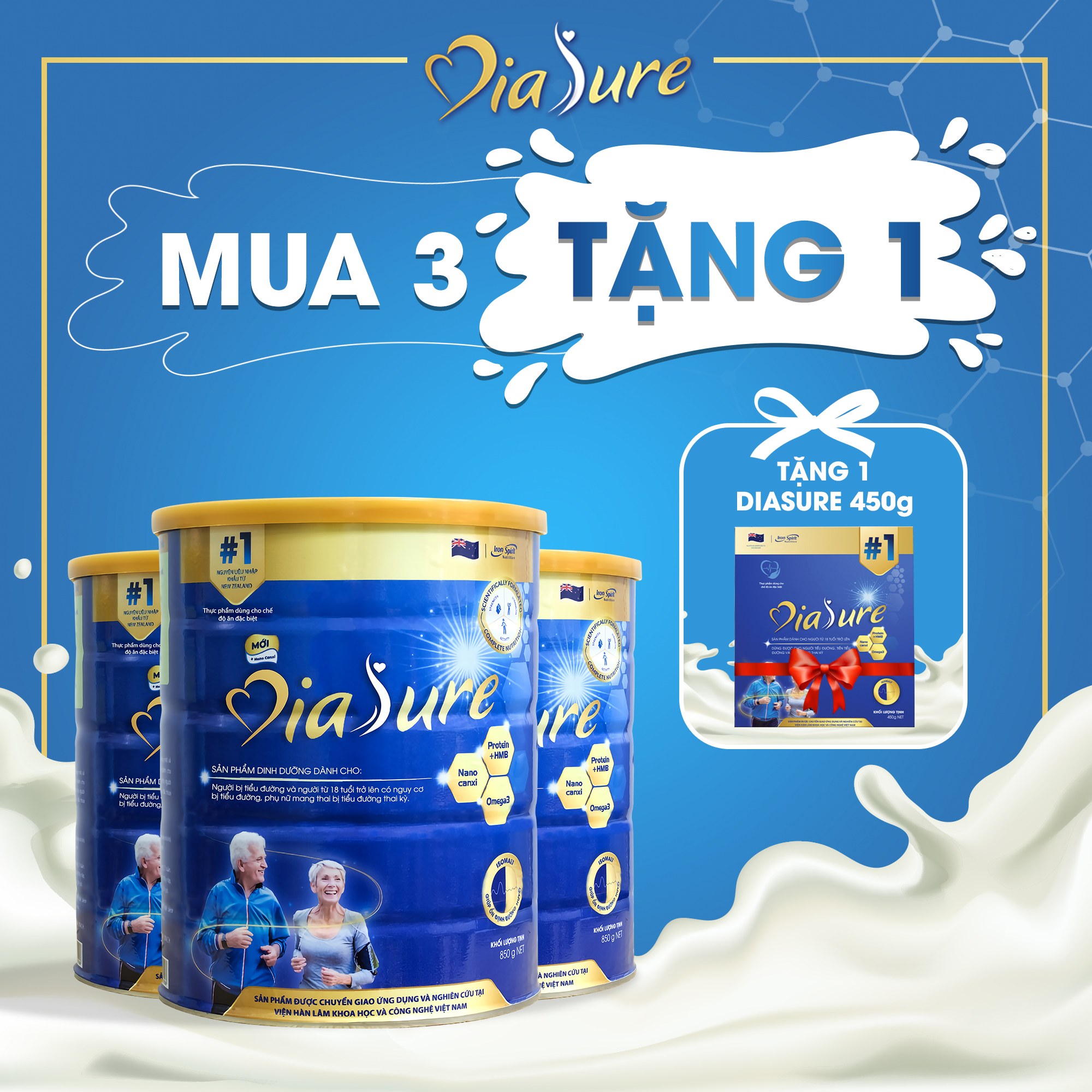 Sữa Non Diasure 850Gbổ sung thêm Nano Canxi, Omega3,... Sữa dành cho người tiểu đường