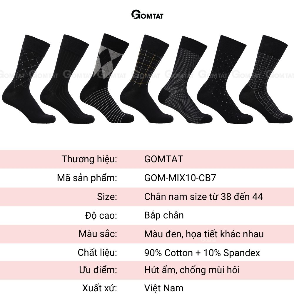 Hộp 7 đôi tất đi giày tây nam công sở cổ cao màu đen GOMTAT mẫu MIX10, sợi cotton cao cấp thoáng khí - GOM-MIX10-CB7