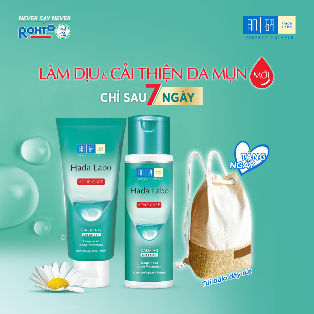 Bộ sản phẩm cho da mụn, nhạy cảm Hada Labo Acne Care Calming + Tặng Balo túi rút xinh xắn
