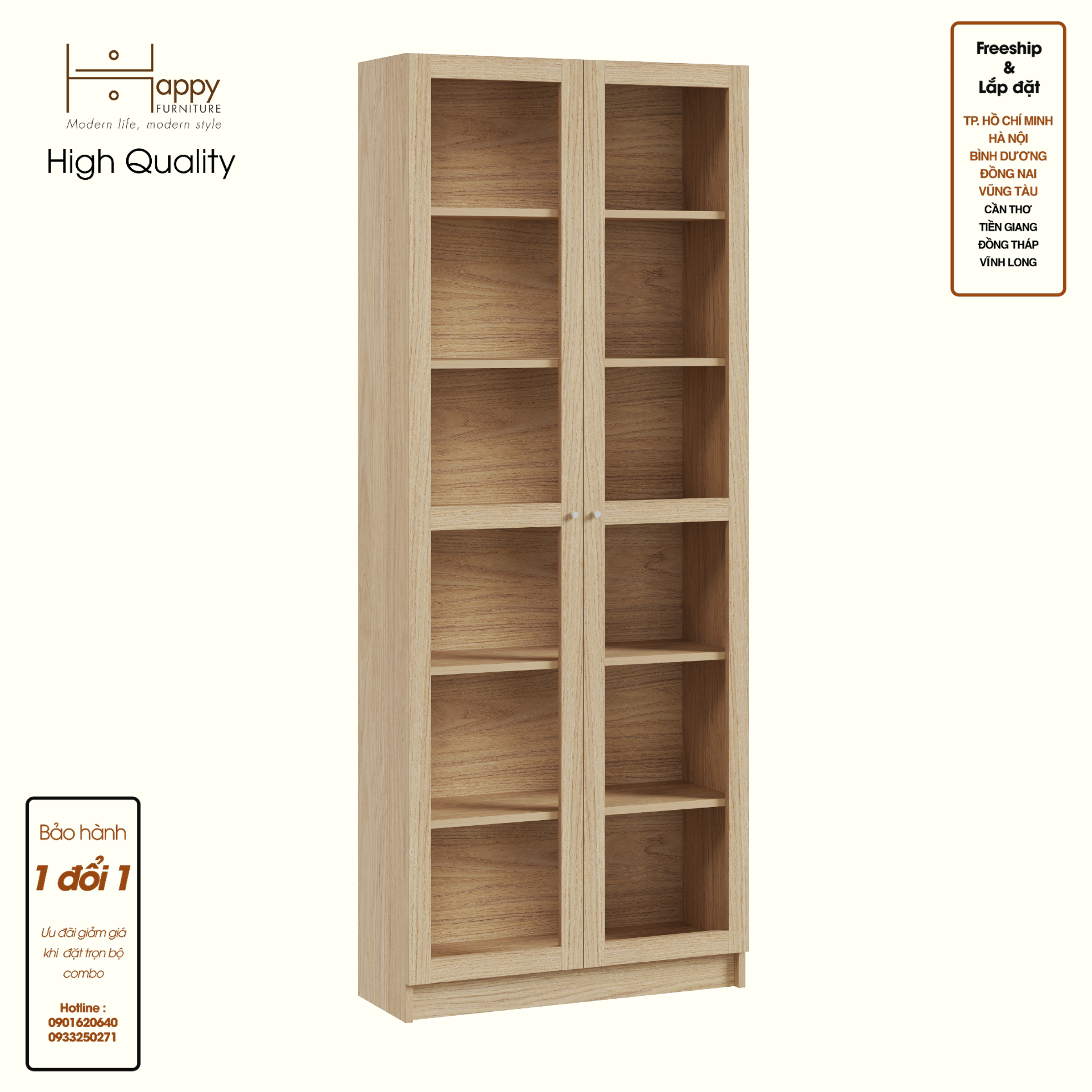 HAPPY FURNITURE , Kệ sách 6 tầng cửa kính - CATY, KSA_074 , 80cm x 30cm x 202cm DxRxC