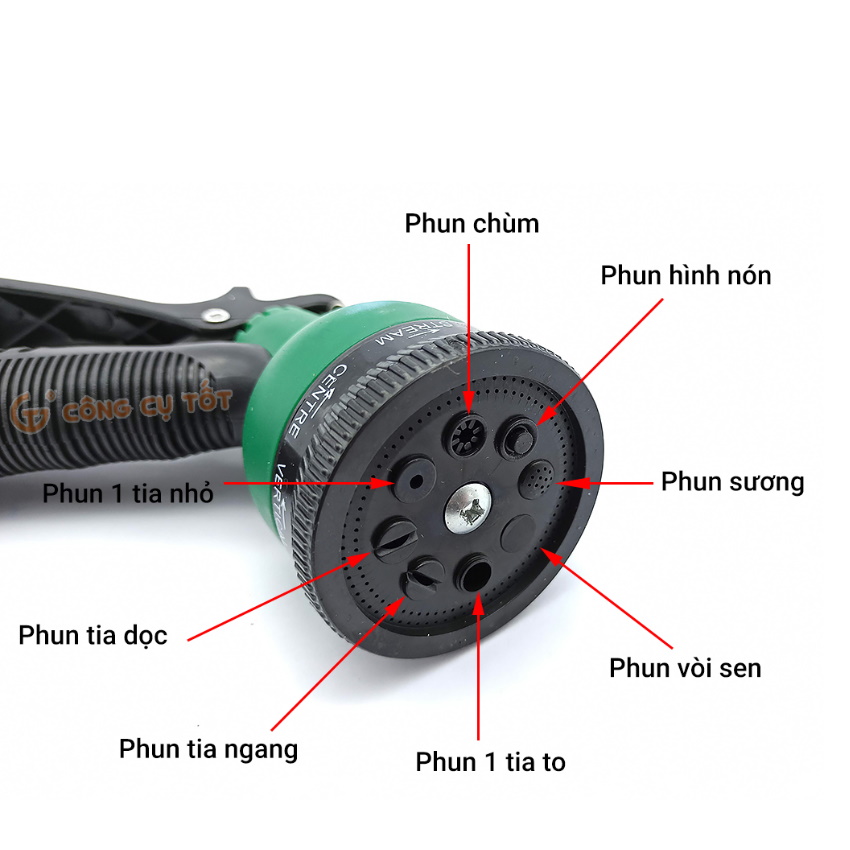 Vòi phun xịt nước rửa xe tưới cây tăng áp 8 chế độ 815621 (dây xanh dẹt-nối xanh)