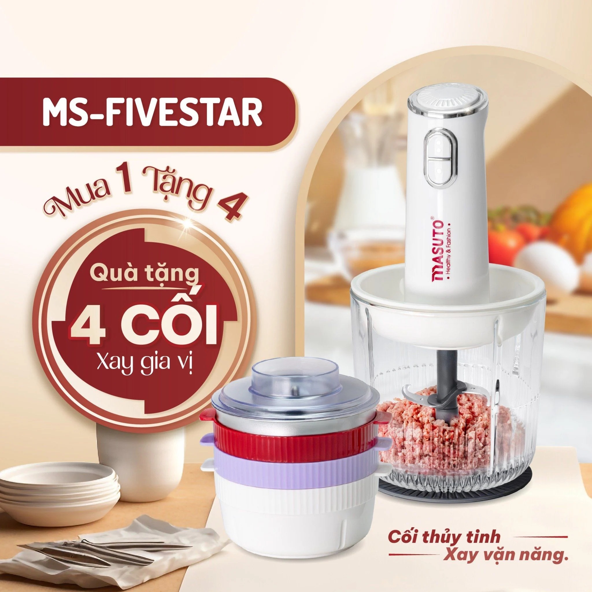 Máy xay thịt đa năng Masuto Fivestar 1L cối thủy tinh, tặng cối xay hạt xay gia vị, xay khỏe siêu nhanh nhuyễn mịn - Hàng chính hãng