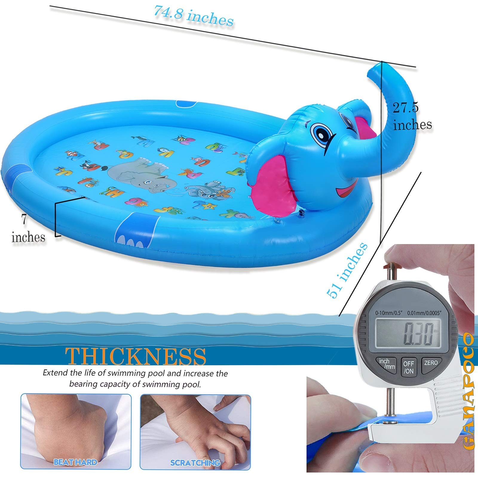 Thảm Bơm Hơi Chú Voi Con Phun Nước Tại Nhà Ganapoco 3 in 1 Splash Kids