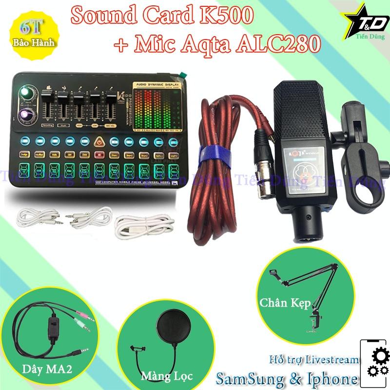 Bộ mic thu âm Aqta ALC280 đi với sound card k500 có bluetooth Auto-tune chân đế màng lọc dây livestream MA2