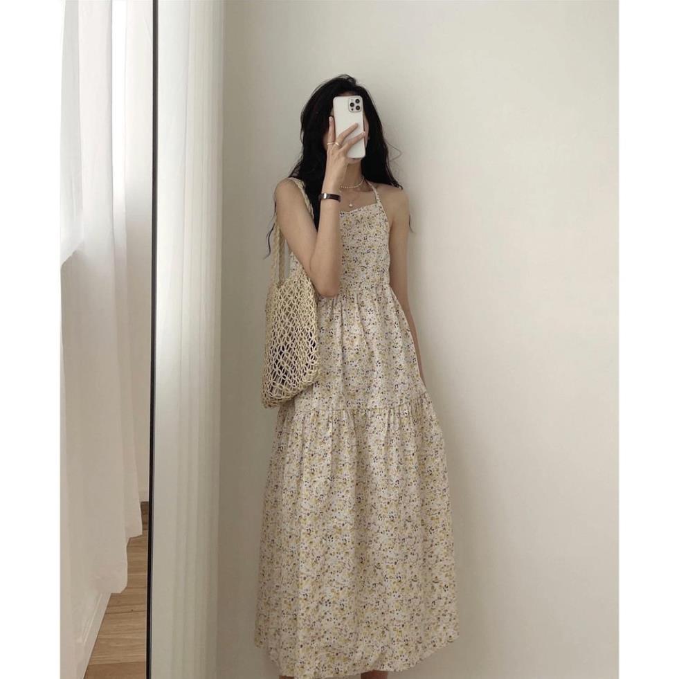 Váy 2 Dây Hoa Nhí Vàng Nữ, Đầm Bánh Bèo Dáng Suông, Váy Hoa Vintage Màu VÀNG