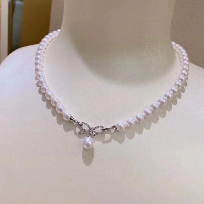 Dây Chuyền Ngọc Trai Thật Nước Ngọt Size 7-8ly Khóa Nơ Bạc - Trường Thịnh Ngọc Trai