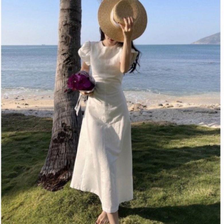 Đầm váy maxi lưng dây rút linen full lót lụa tay phồng hở lưng cổ tròn midi trắng đi biển dự tiệc cao cấp size S M L