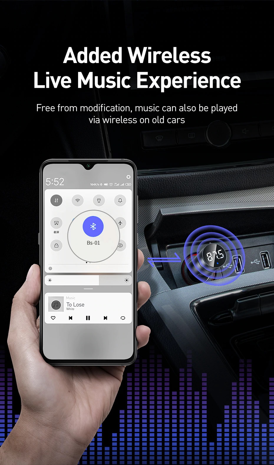 Tẩu sạc xe hơi BASEUS BS-01 Dual USB Bluetooth Car Charger Wireless MP3 Player - Hàng chính hãng