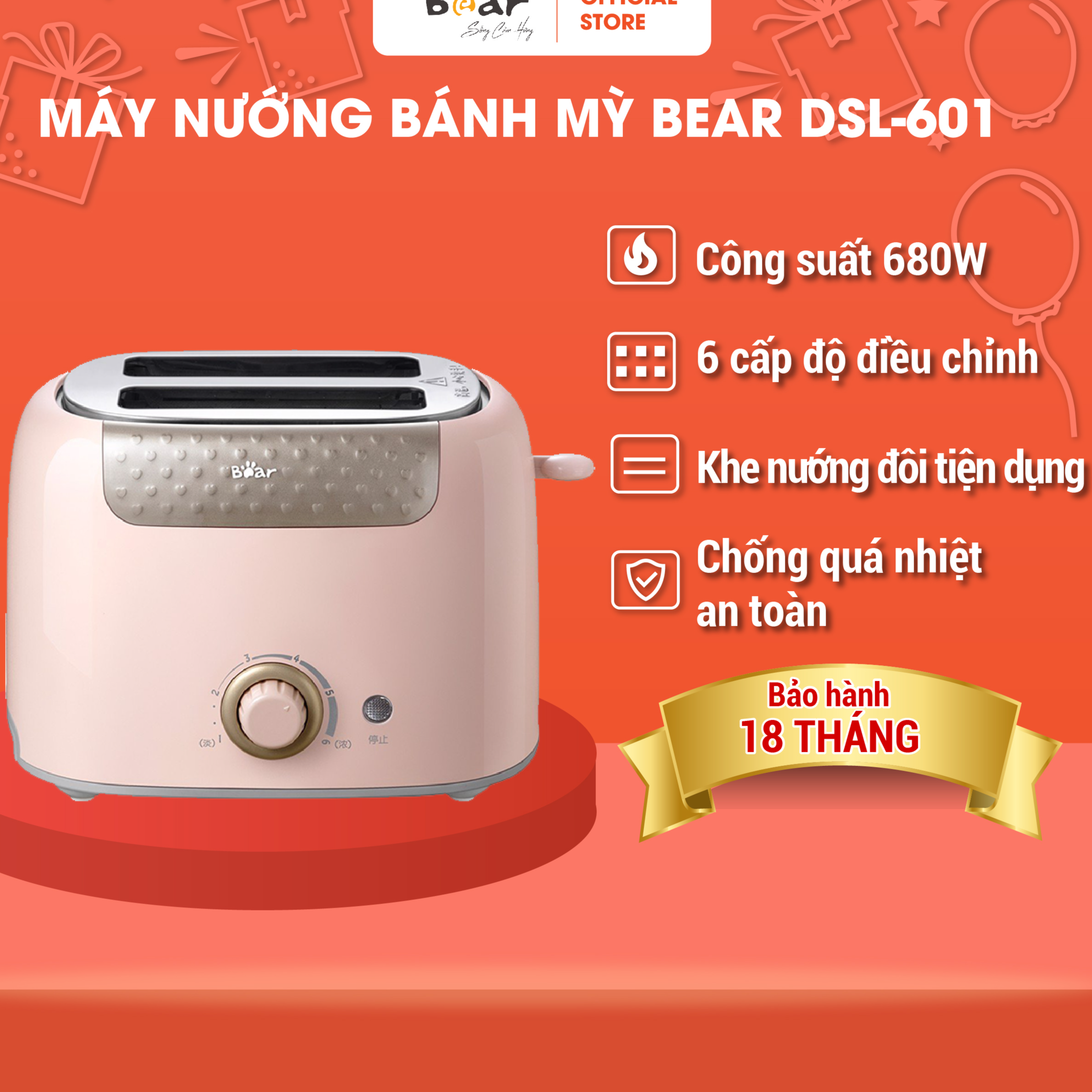 Máy Nướng Bánh Mì Sandwich Bear 6 Mức Điều Chỉnh Tích Hợp Chức Năng Nướng Hẹn Giờ Tự Động DSL-601 - Hàng Nhập Khẩu