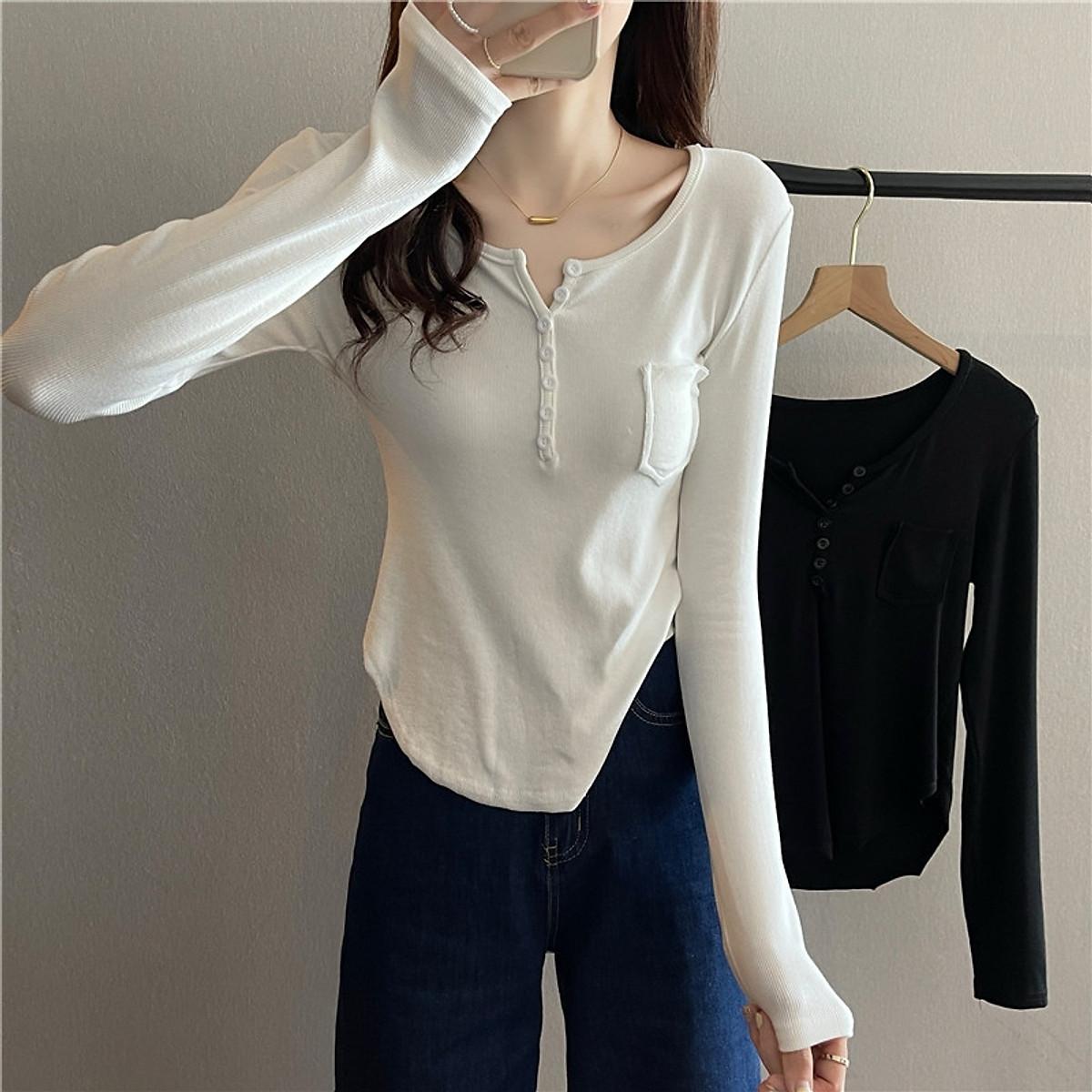 Áo len tăm body cúc túi ngực, áo len mỏng dài tay ôm dáng VẠT BẦU