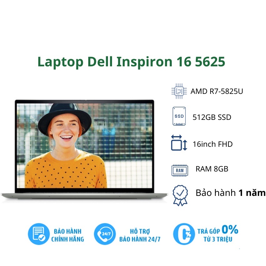 Laptop Dell Inspiron 16 5625 (99VP91)/ Bạc/ AMD Ryzen 7 5825U (up to 4.5Ghz, 16MB)/ RAM 8GB/ 512GB SSD/ AMD Radeon Graphics/ 16inch FHD/ 4Cell/ Win 11SL/ 1Yr - Hàng chính hãng