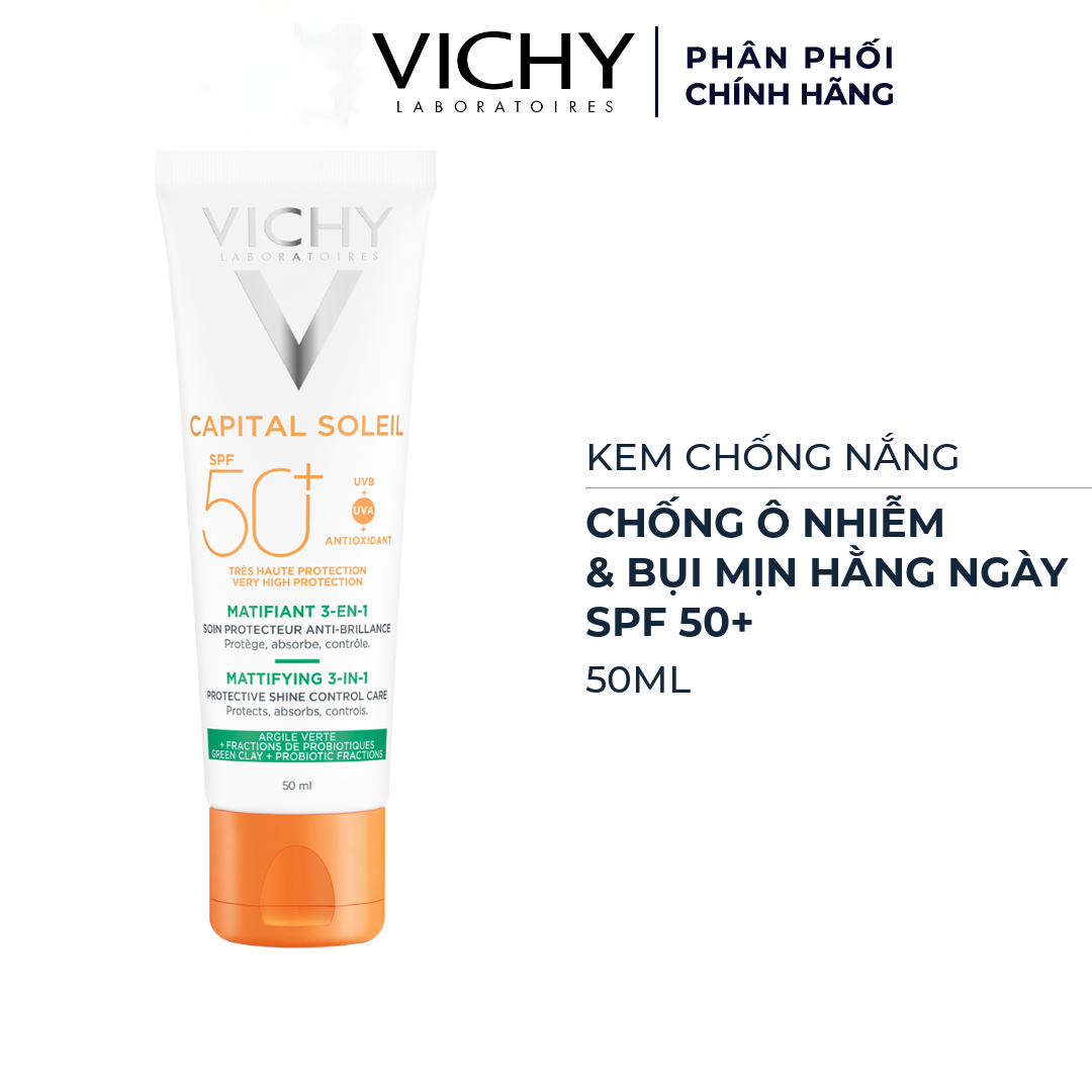 Kem Chống Nắng Vichy Capital Soleil Mattifying 3 in 1 Chống Ô Nhiễm Và Bụi Mịn Hàng Ngày SPF50+ Chống Tia UVA UVB 50ml