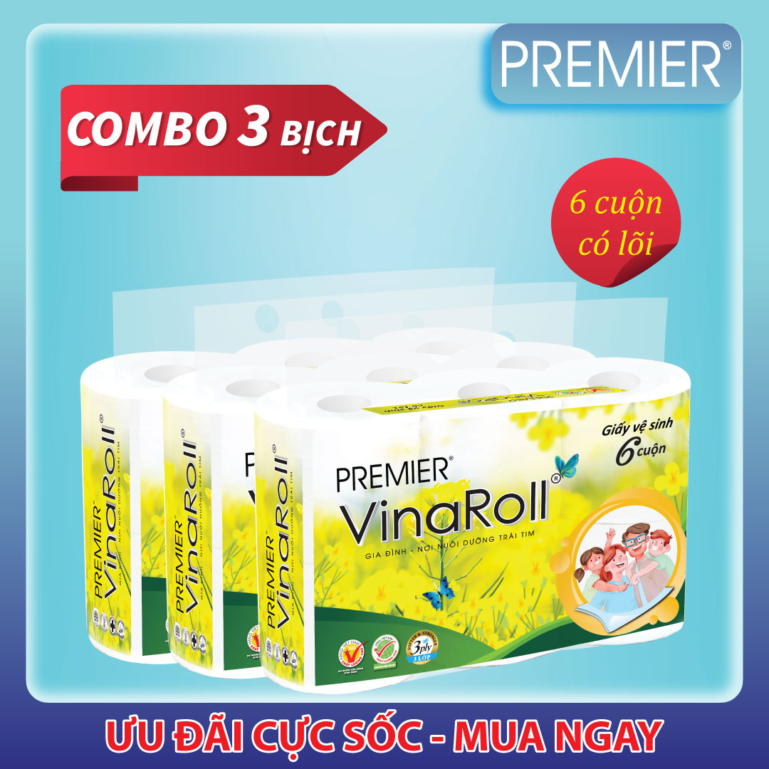 Giấy vệ sinh Premier VinaRoll có lõi, 3 lớp 100% bột giấy nguyên sinh, không chất tẩy lốc 6 cuộn