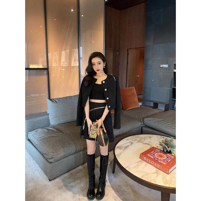 Set dạ tweed đen kéo khóa