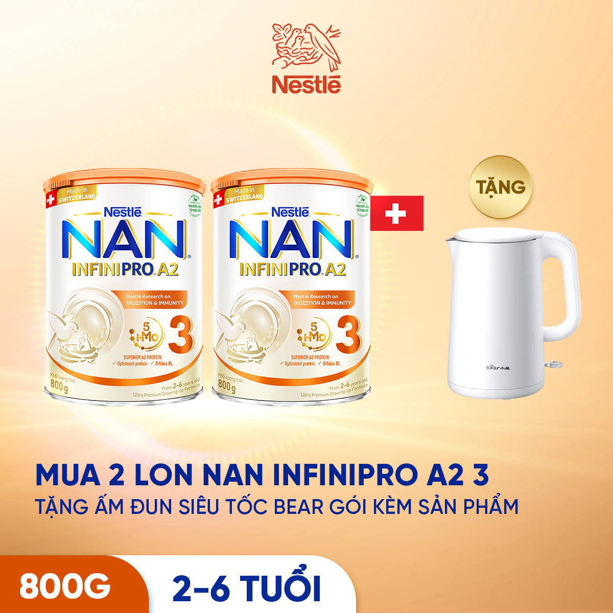 Combo 2 Sữa Bột Nestlé NAN INFINIPRO A2 bước 3 800g từ Thụy Sỹ với đạm quý A2 giúp dung nạp tiêu hóa tốt sau 7 ngày - Tặng Bình đun siêu tốc Bear